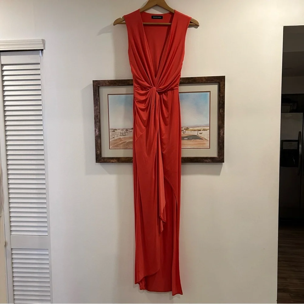 Marciano Plunge Neck Faux Wrap Midi Dress Coral - Picture 2 of 6